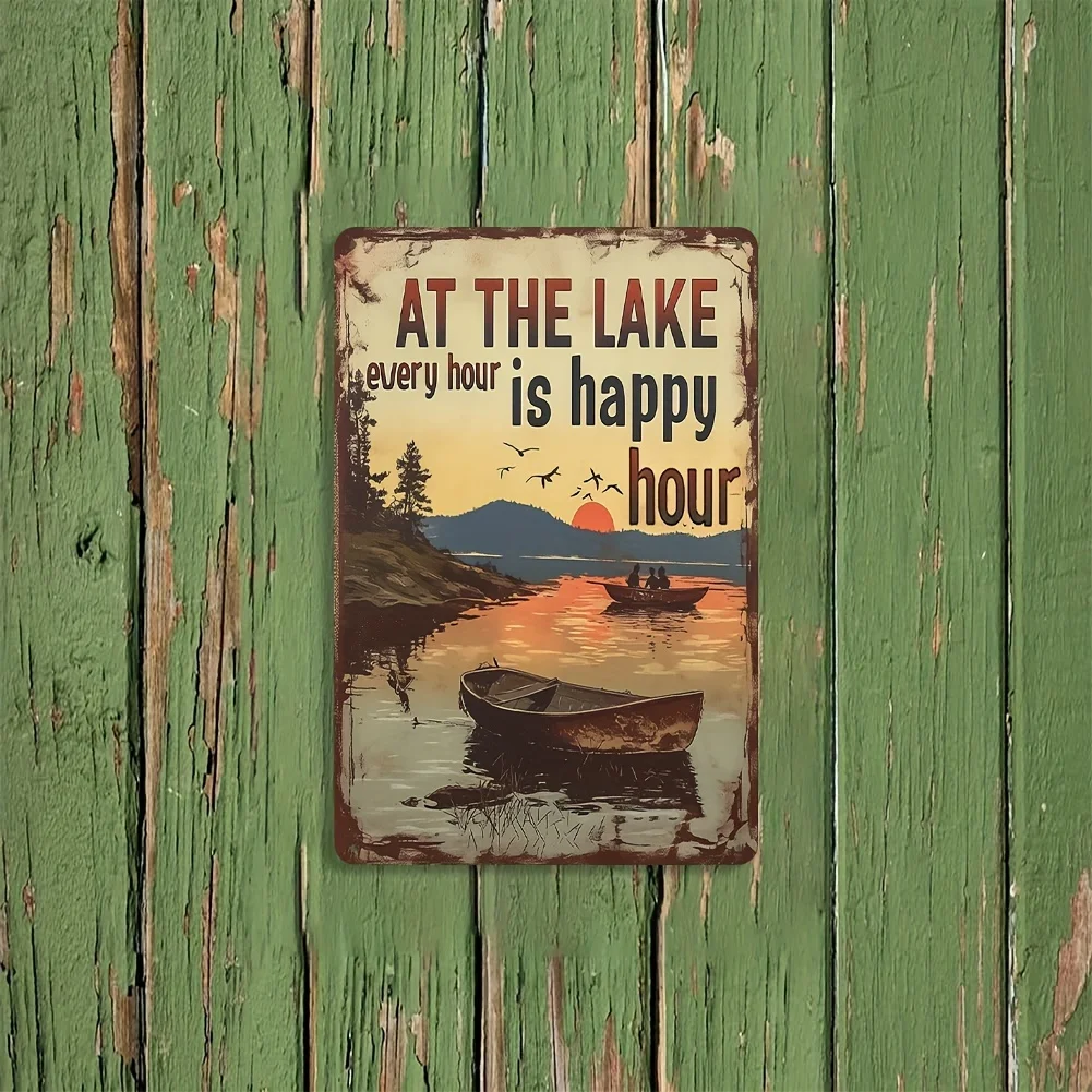 Lake Happiness Humorous Metal Sign - Ideal for Outdoor Wall Decor, 30.48X20.32 cm