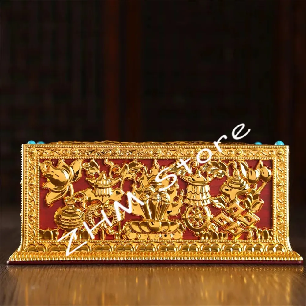 Tibetan Engraved Golden Plastic Paper Box Toilet Living Room Napkin Dispenser Buddhist Storage Box Organizer Desktop Decorative