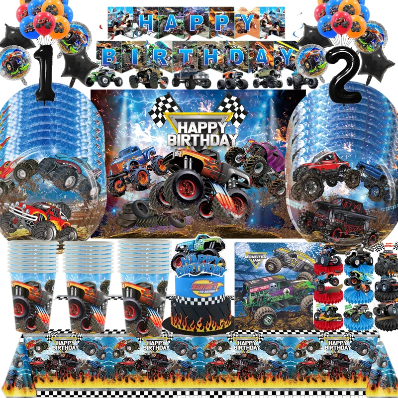 Decoración de fiesta de cumpleaños de camión monstruo, vajilla desechable, platos de fiesta de coche monstruo, servilletas, suministros de fiesta de cumpleaños para niños