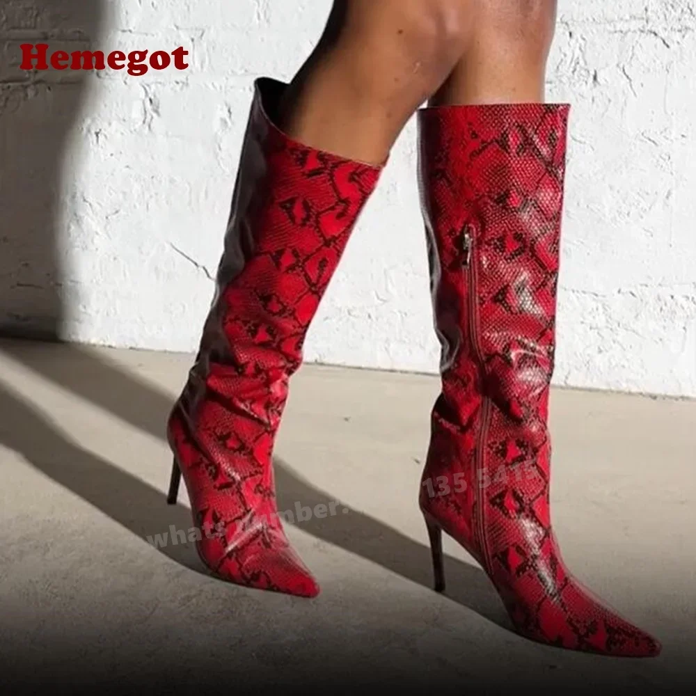 

Pointy Toe Side Zipper Women's Long Boots Red Snakeskin Stiletto Knee High Boots Sexy High Heels Casual Shoes 2026 Newest Luxury