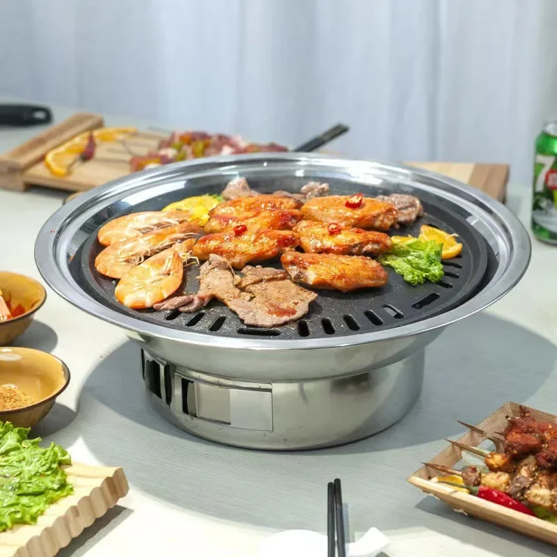 Stainless Steel Korean Barbecue Grill Round Household Commercial Camping Party Charcoal Grill Portable Charcoal Barbecue Grill