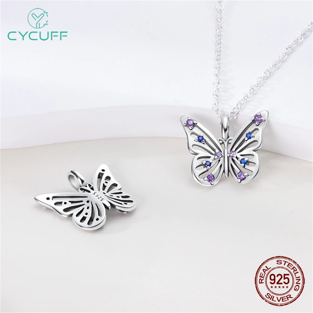 CYCUFF Blue Purple Openwork Butterfly Pendant Necklace for Women 925 Sterling Silver Necklace Jewelry For Party Wedding Gift