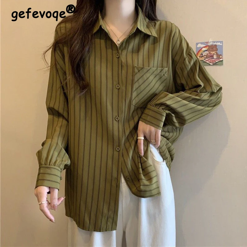 

Korean Style Striped Print Long Sleeve Button Up Shirt Women Spring Autumn Casual Simple Streetwear Loose All Match Tops Blouses