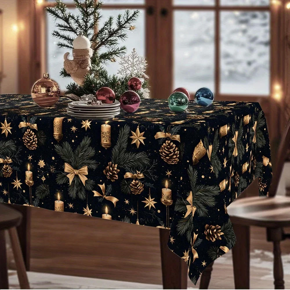 One Christmas winter tablecloth, with black decorations featuring pinecones, green leaves, stars and candles patternsxzj