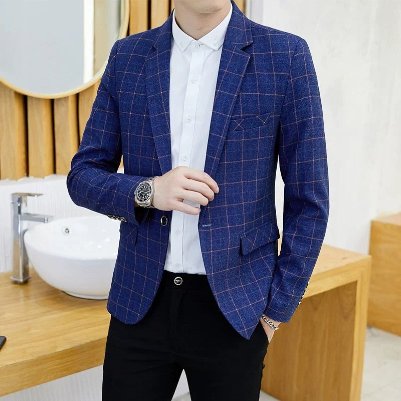 ( 1Pcs Blazer , No Pants ) Boutique Fashion Plaid Mens Casual Business Blazer Groom Wedding Dress Male Slim Formal Suit Jacket