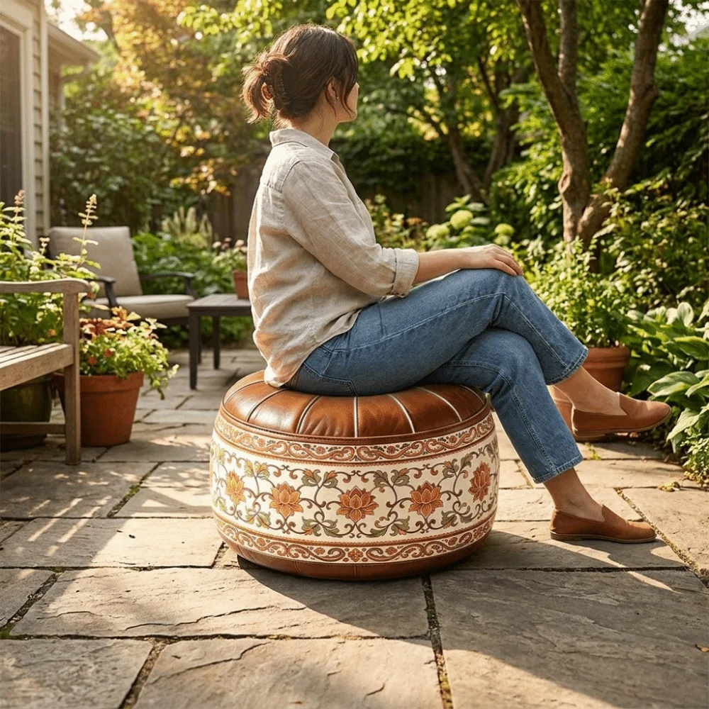 PU Leather Lotus Print Seat Cushion Cover Vintage Large Capacity Sofa Stool Cover Waterproof Space Saving Pouf Cover