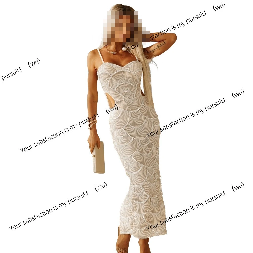 Gaun pesta panjang berpayet dan manik-manik dengan tali suspender, model belahan, untuk sosialita, CY901681