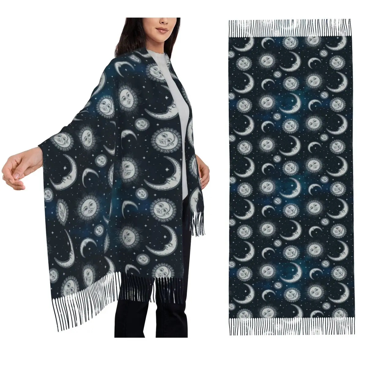 Celestial Mystic Esoteric Magic Sun Moon Scarf Tassel Scarves for Women Soft Warm Shawls and Wraps Large Fall Winter Shawl Wrap