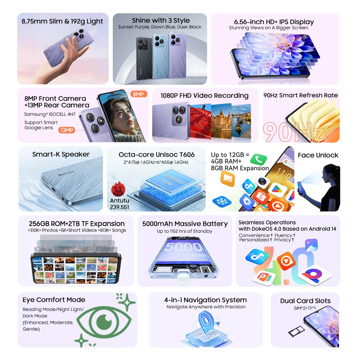 Blackview WAVE 8 الهاتف الذكي 4GB + 128GB/256GB 6.56 ''HD + IPS عرض أندرويد 14 T606 5000mAh هاتف محمول 8MP كاميرا 4G الهاتف المحمول