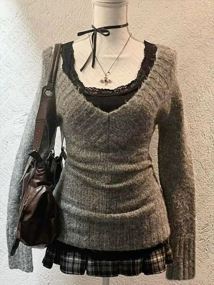 Maglione lavorato a maglia estetico retrò tinta unita retrò Y2K pullover da donna slim con scollo a V emo ragazze anni '90 harajuku abito casual streetwear