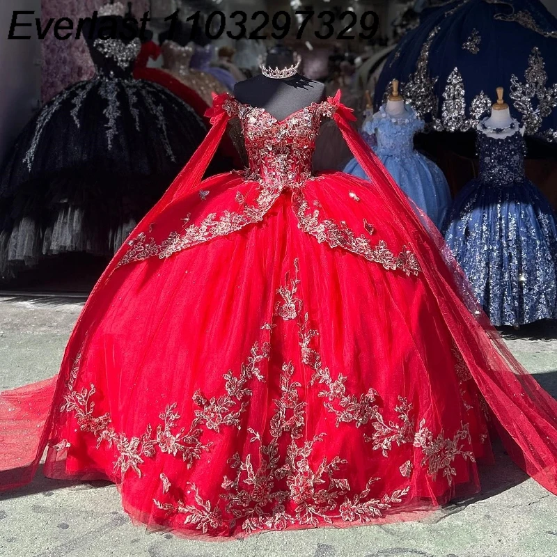 EVLAST-Vestido Quinceanera Vermelho com Espartilho Capa, Applique de Renda Prateada, Vestido de Baile, Sweet 16, 16, TQD168, 2024