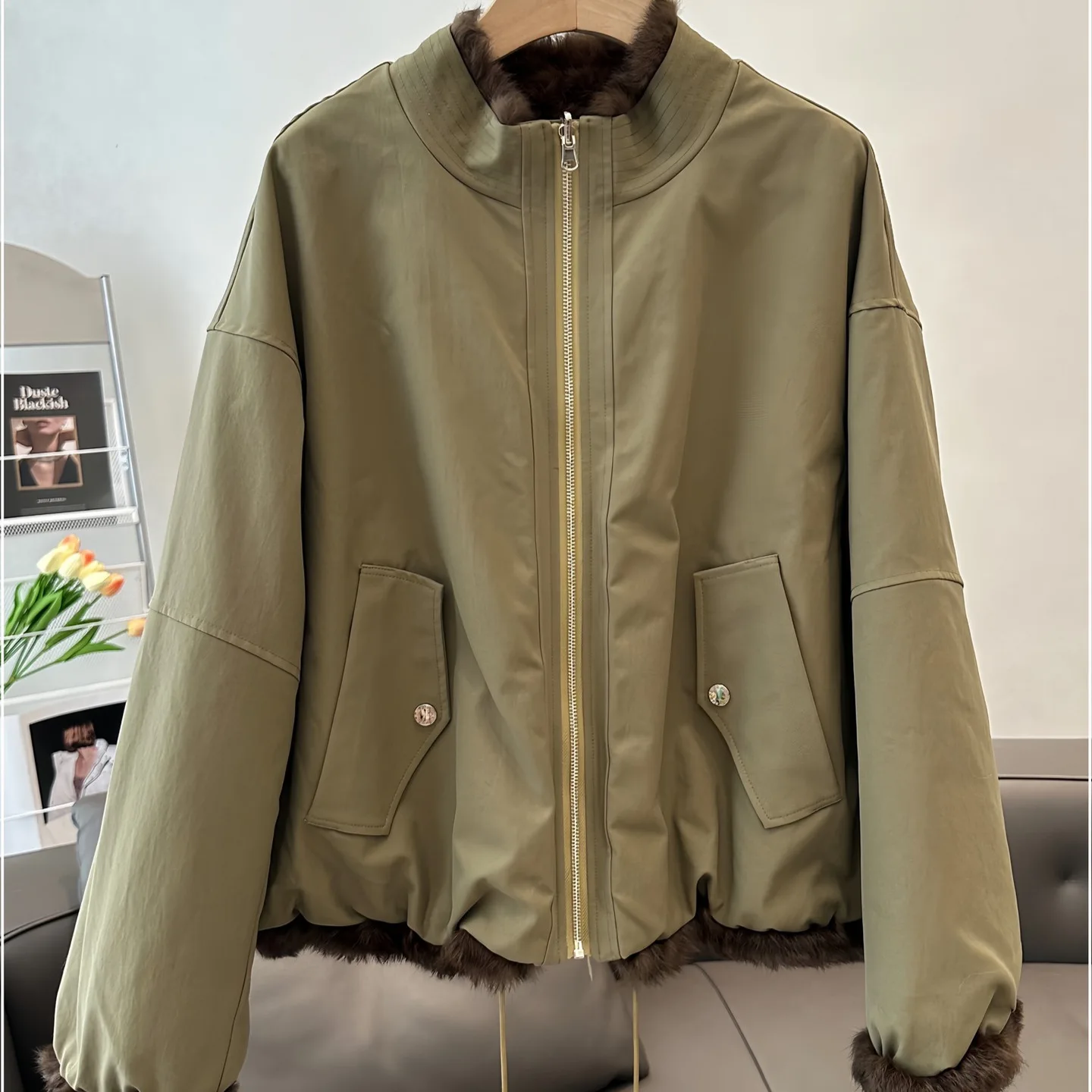 2025 dupla face usar casaco de pele de coelho feminino inverno curto parkas engrossar jaqueta quente solto casaco senhora streetwear outerwear