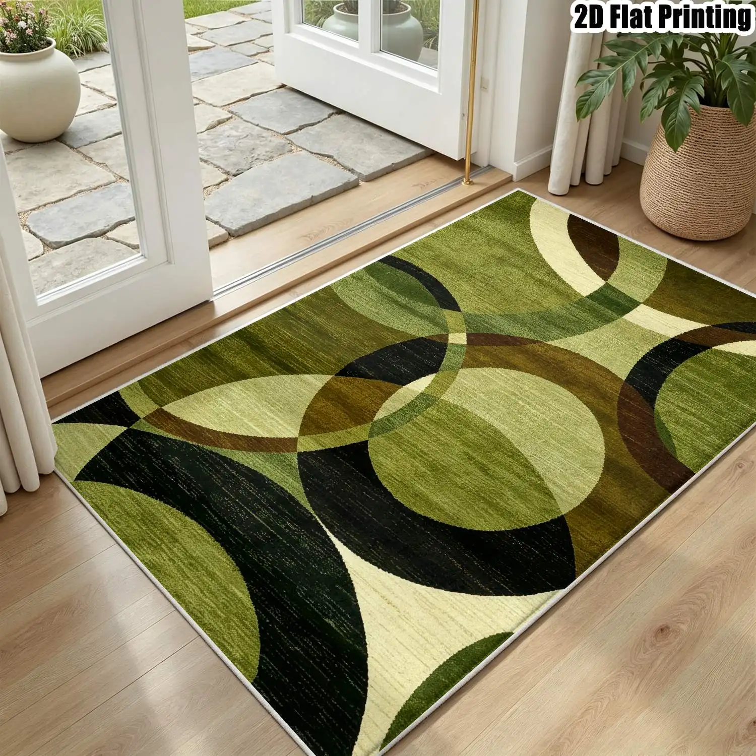 1Pc 2D Printed Velvet Carpet, Green-Brown Geometric Circle Pattern Modern Simple Vintage European Instagram Style Floor Mat, Machine Washable, Multiple Sizes, Home Decor for Entrance, Dining, Foyer, Bedroom, Living Room.