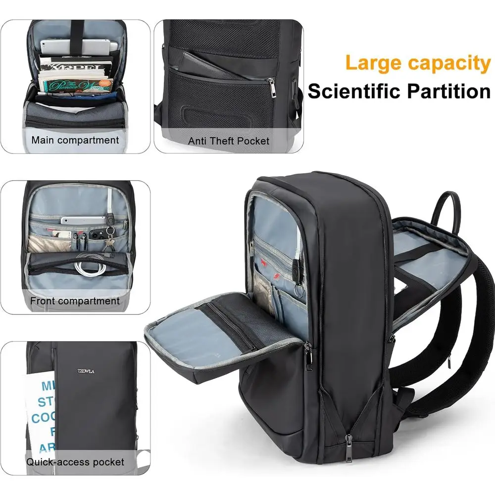 Mochila Expandible para Portátil Tzowla Busin, para Hombre, Profesional, Delgada, Impermeable, para Viajes/Trabajo/Oficina/Universidad, con USB/Tipo C