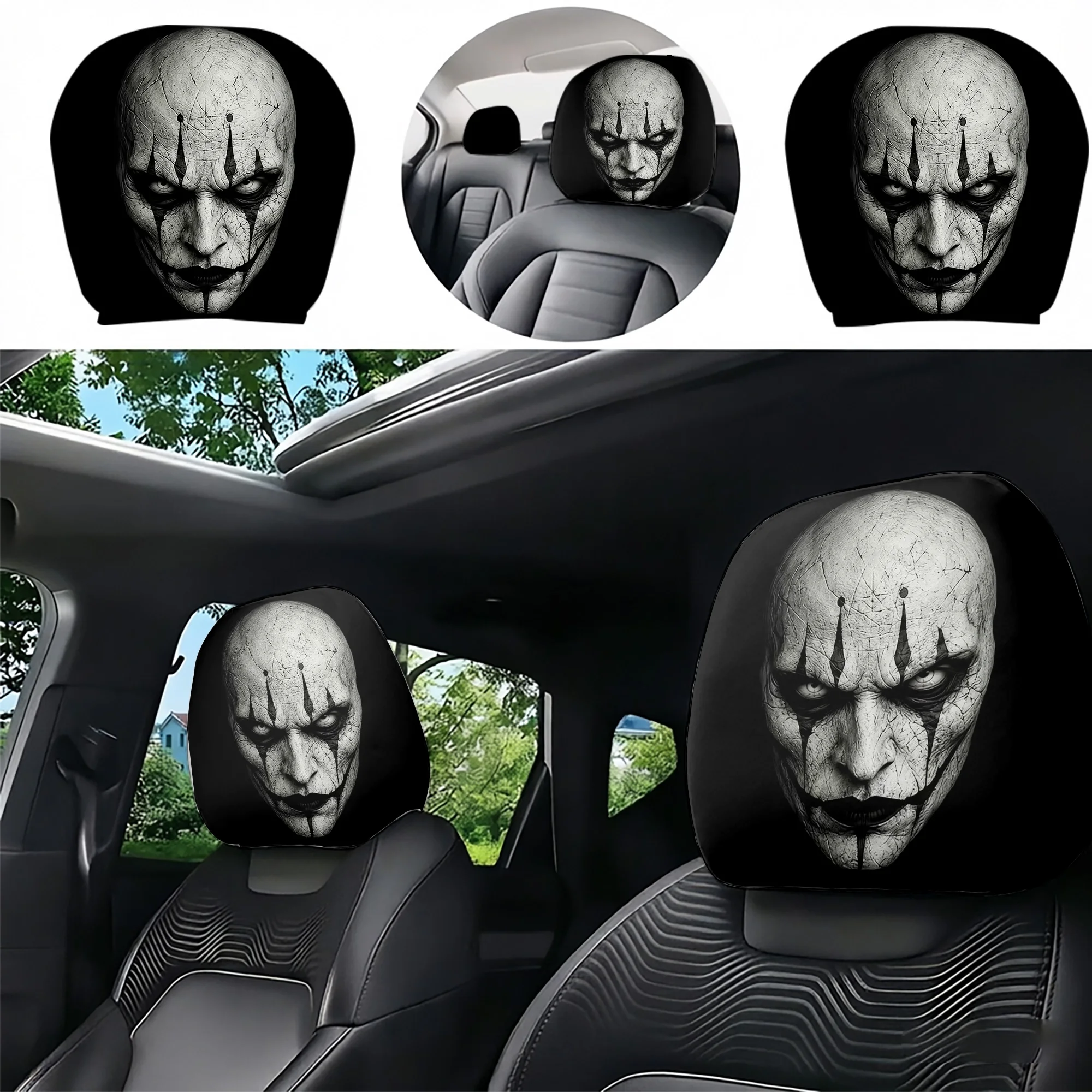 2pcs Scary Clown Car Headrest Covers—Add a Touch of gothic Flair to Your Car’s Interior. Does Not Include Stuffing. Easy to Inst