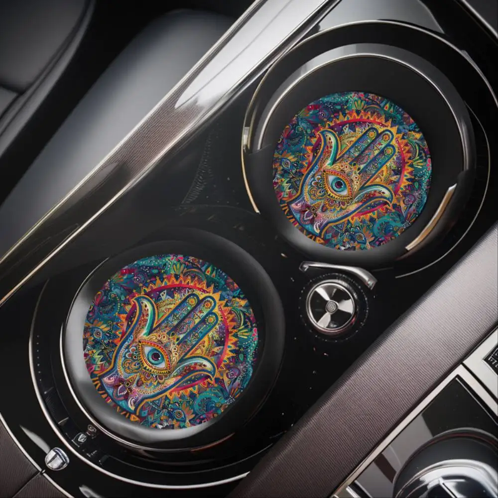 Hamsa Design Absorbent Car Cup Holder Coasters Non-Slip Rubber Drink Coaster Set Vehicle Accessories