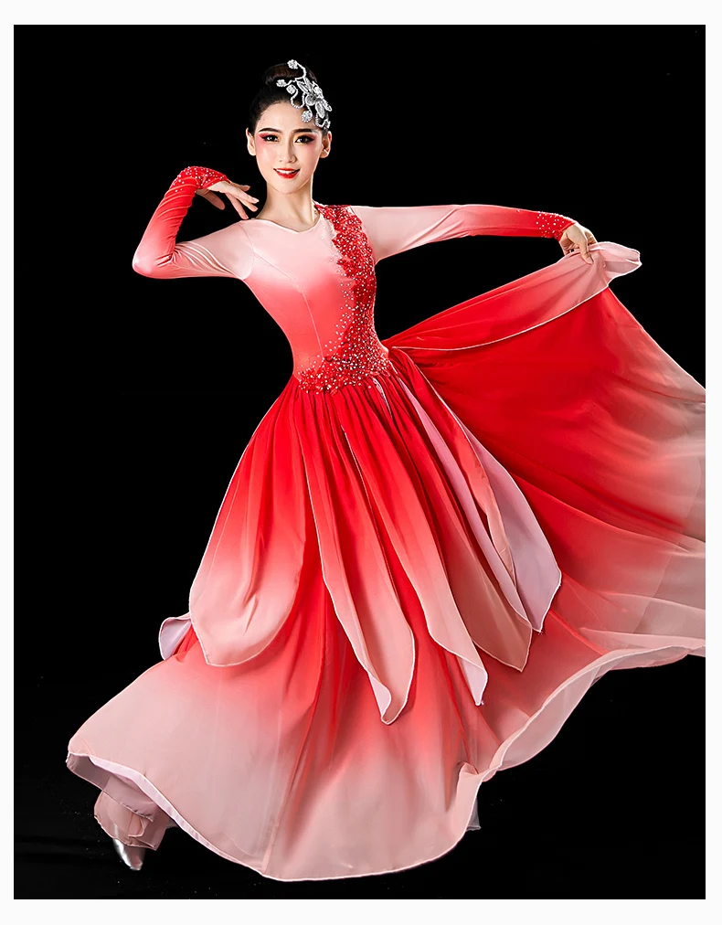 女性のためのクラシックダンスの衣装、hanの衣装、大きなスイングスカート、モダンなオープニング、ファン