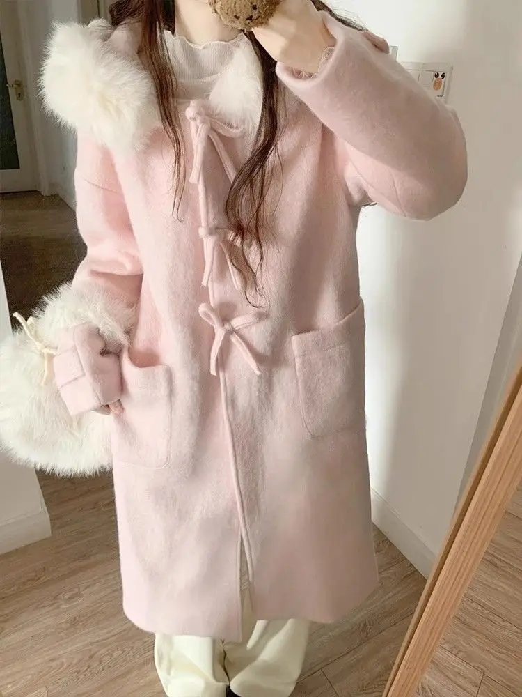 

Winter Thickened Korean Fashion Sweet Women's Trench Coat Woolen Bow Fur Collar Hooded Design Pink Loose Windbreaker Outwears
