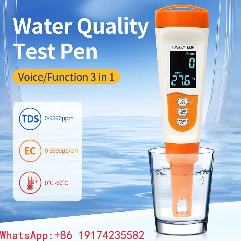 3-in-1 Water Quality Tester EC TDS TEMP Testing Pen Type-C Charging Voice Broadcast Multi-Parameter Water Testing Instrument
