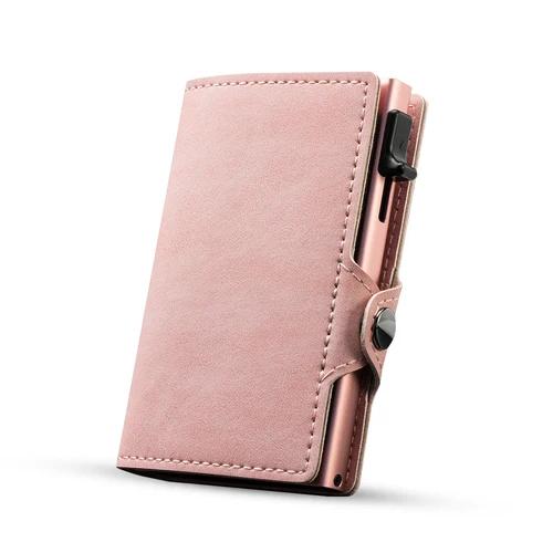 Cartera CASEKEY rosa delgada minimalista de cuero Pop UP cartera Rfid bloqueo Mini tarjetero automático de aluminio para mujeres y hombres