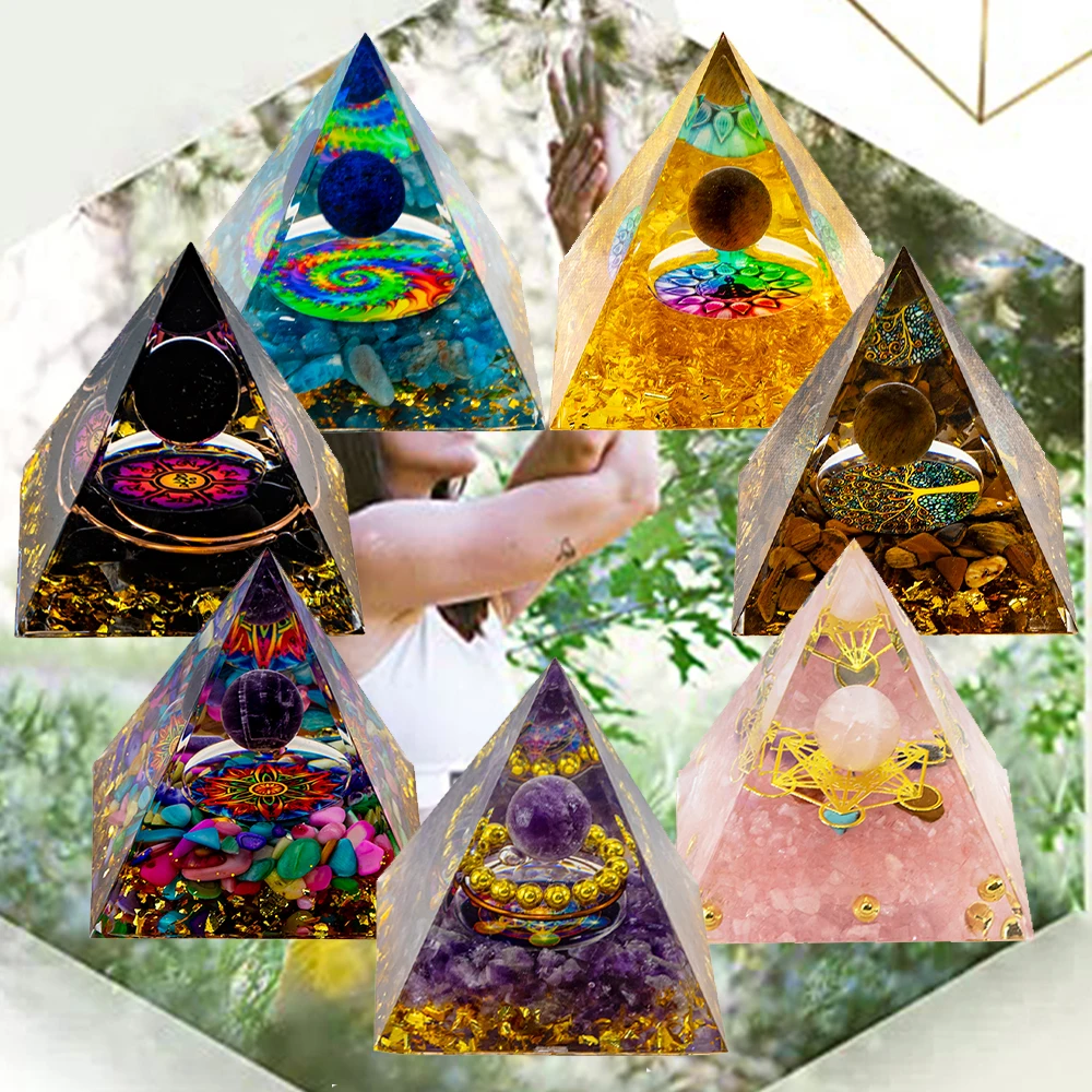 

Natural Crystal Pyramid Energy Reiki Healing Tower Chakra Meditation Resin Pyramid Stone Crafts Decoration 7pcs Set Gift