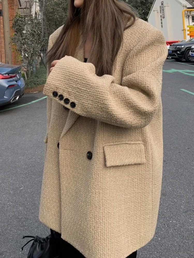 UNXX Small Fragrant Style Coarse Woolen Suit Jacket Retro Casual Solid Color Loose Double Breasted Woolen Blazer Coat Women's