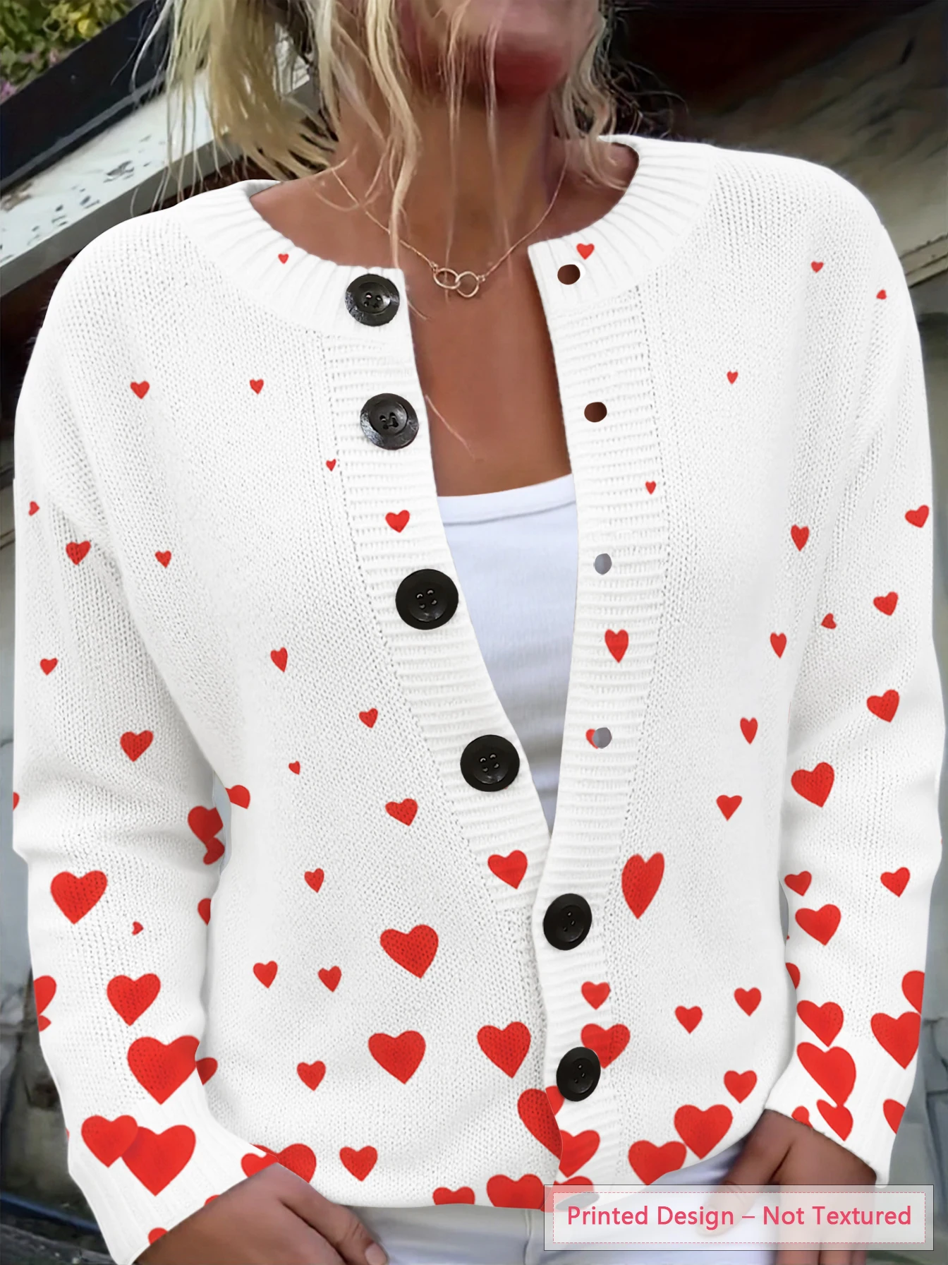 

Women's Knitted Top, Thin Autumn/Winter Style, Round Neck Cardigan, Heart-Shaped Color-Blocking Pattern, Non-Positioned Print, Retro Casual Style, Suitable for Daily Commuting