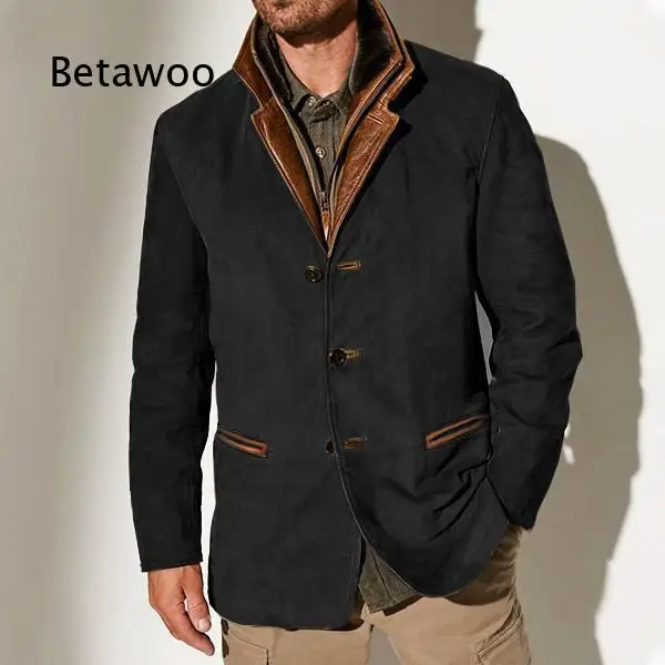 Men Notched Lapel Blazer Jacket Single Breasted Button Closure Patch Pockets Vintage Casual Outerwear for Business Daily Wear
