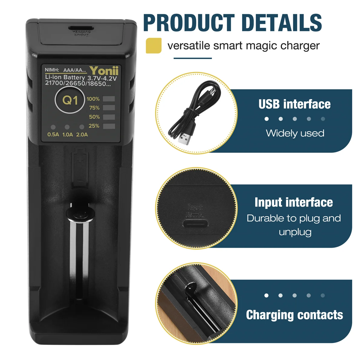 18650 Battery Charger 26650 Usb Smart Nickel Hydrogen Aa Aaa 21700 Single Slot Lithium Battery Charger BH