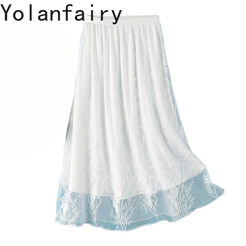 YOLANFAIRY 100% Real Mulberry Silk Skirts for Women Summer Beautiful Embroidery Skirt Woman Clothing Elastic Waist White Skirt