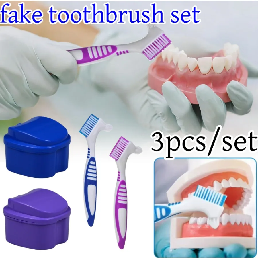 3pcs/set Double Sided Denture Cleaning Toothbrush Multi-Layered Bristles Teeth Braces Oral Cleaning Denture Storage with Filter