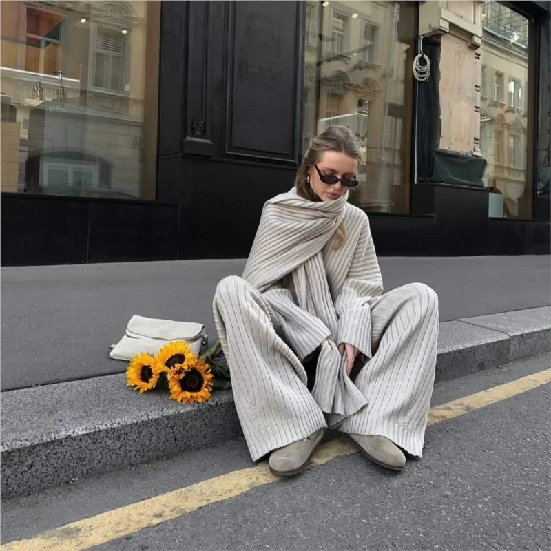 Women\'s Knitted Pullover Trouser Suit, Retro Classic With Scarf, Casual Loose Sweater, Fashionable Solid Color Trouser Suit