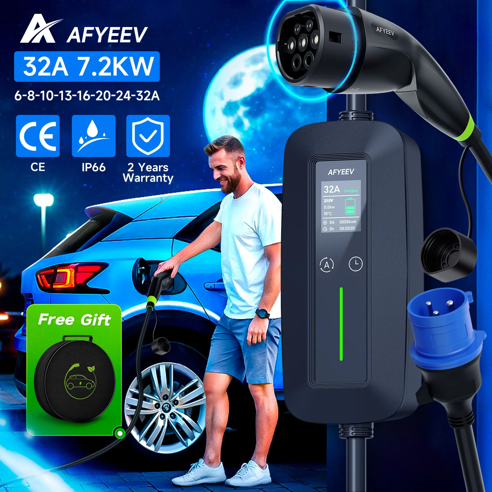

AFYEEV 7200 Вт Портативное зарядное устройство для электромобилей Type2 IEC62196-2 Type1 SAE J1772 Зарядное устройство для электромобилей GBT EVSE Зарядный кабель Wallbox Вилка европейского стандарта