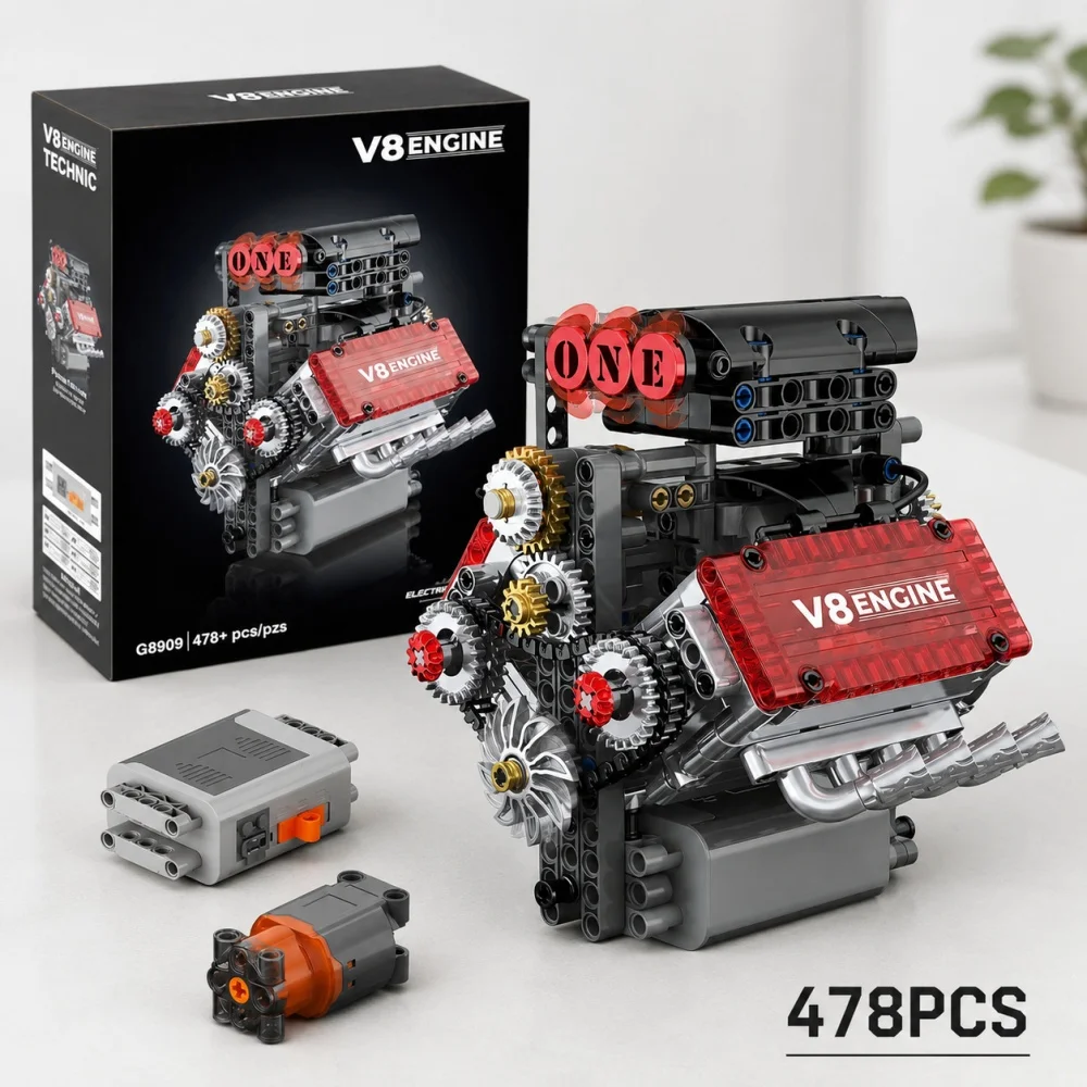 478pcs Technical Mechanical V8 Engine Blocks, Working Gear Drive Authentic Details DIY STEM Learning Toy, 3D Collectible Gift