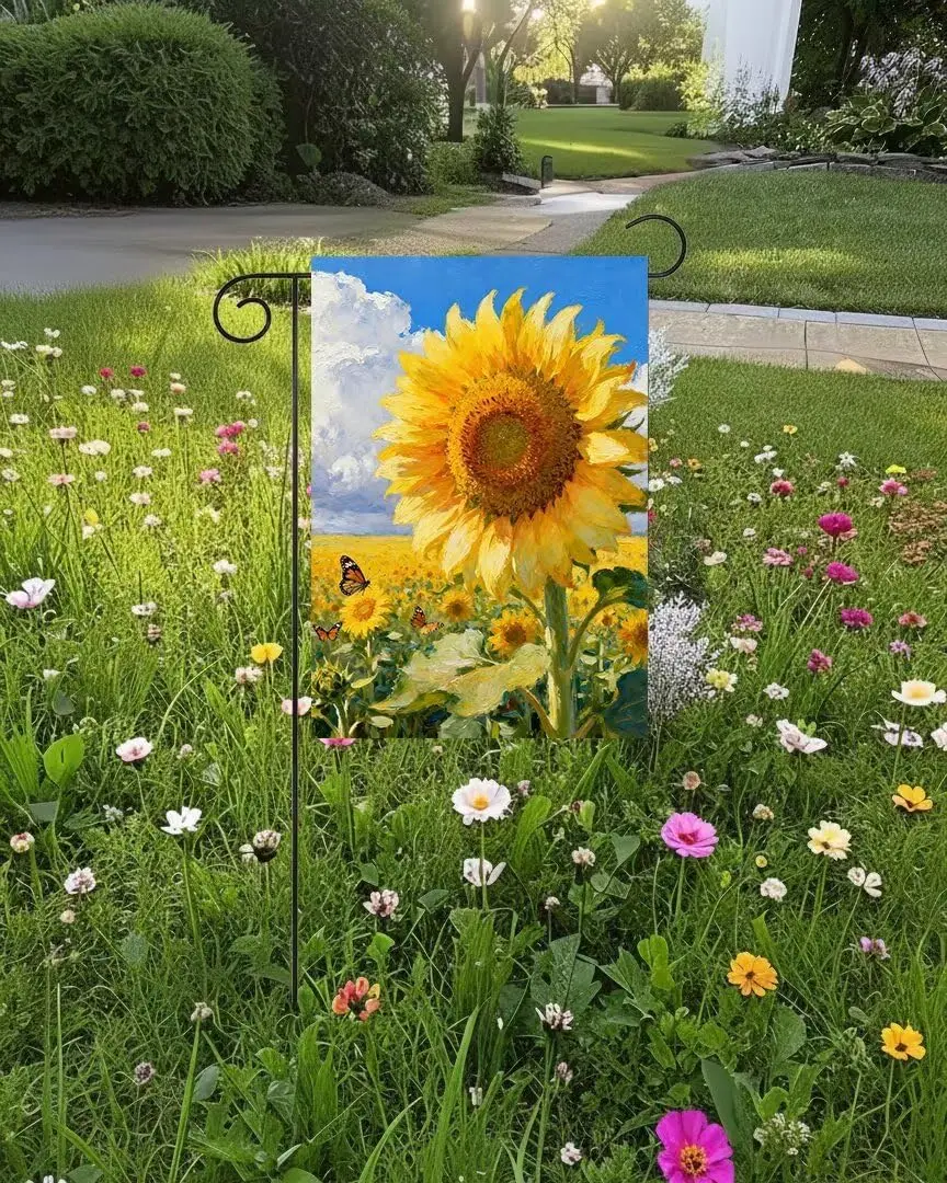 Oil Painting Sunflower Golden-Yellow Petals Field with Butterfly Summer Garden Flag 12x18 Inch Small Vertical Double Sided S PPZ