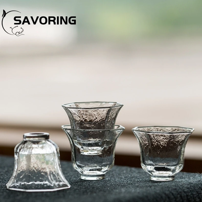 Japanese Hammer Pattern Glass Small Tea Cup Flower Mouth Heat-resistant Glass Single Cup Kung Fu Tea Master Cup Sake Wine Cup