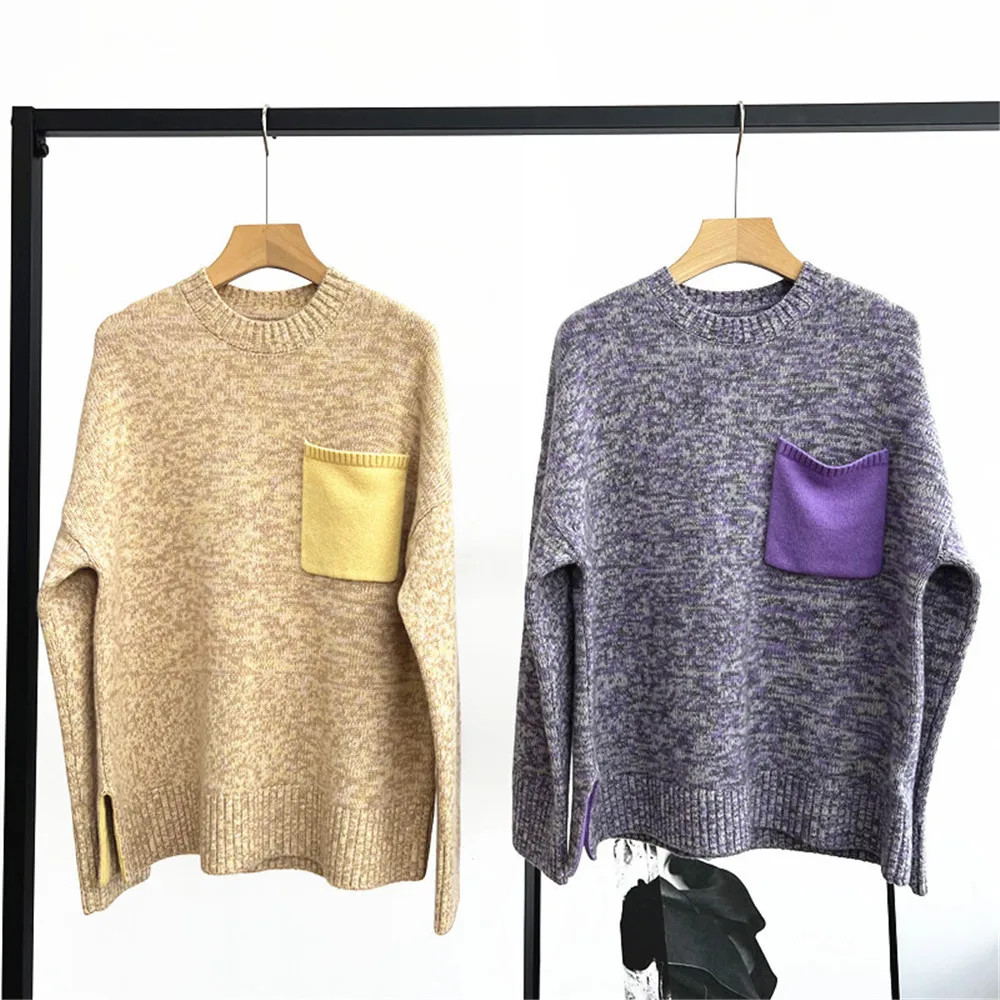

25 Autumn/Winter New Women's Pullover Round Neck Long Sleeved Pocket Loose Color Blocked Cashmere Floral Yarn Knitted Sweater