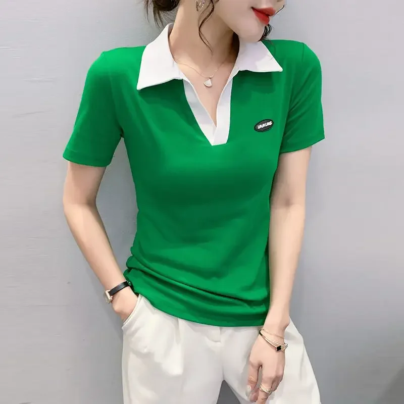 Splicing T-shirt Woman Short Sleeve Tee Polo Neck Shirts for Women Green Tops Black Clothing Summer 2024 Cotton Synthetic Cute V