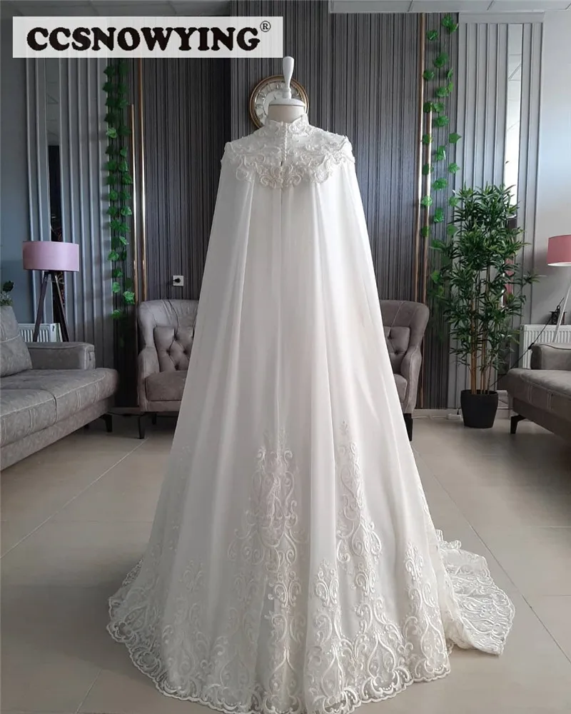 Chiffon Appliques Pearls Muslim Wedding Dress with Cape Long Sleeve Arabic Dubai Bride Gown High Neck Vestidos De Novia