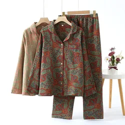 Women's Ethnic Style Floral Print Cotton Pajamas 2 Pieces Outfit Loungewear Night Clothes Autumn New Long Sleeve Sleepwear