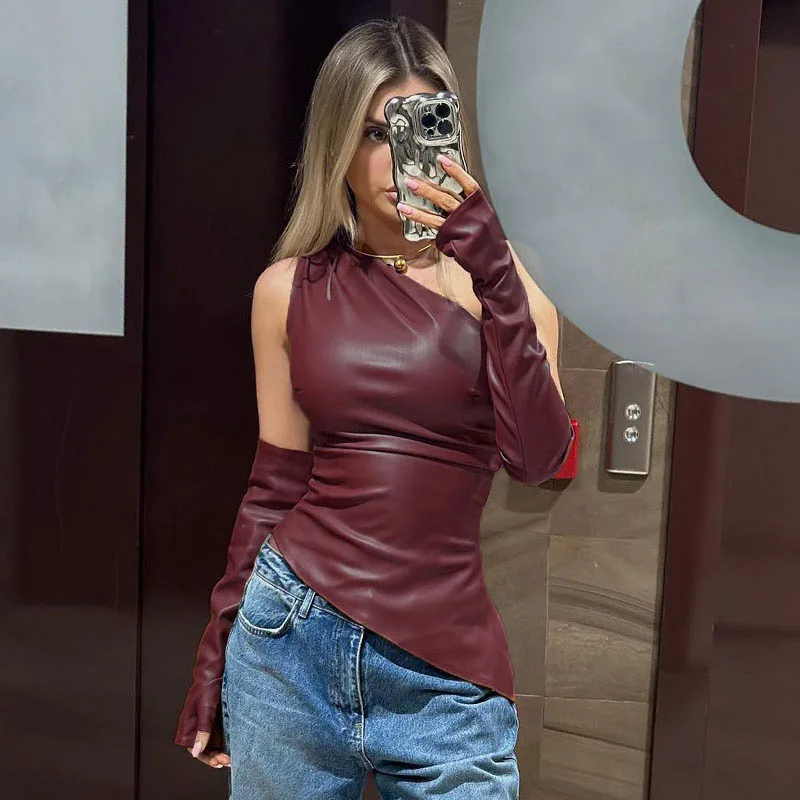 Sexy shoulder and waist women's top with sleeves, leather vest with irregular hem, sleeveless sloping collar, PU leather vest