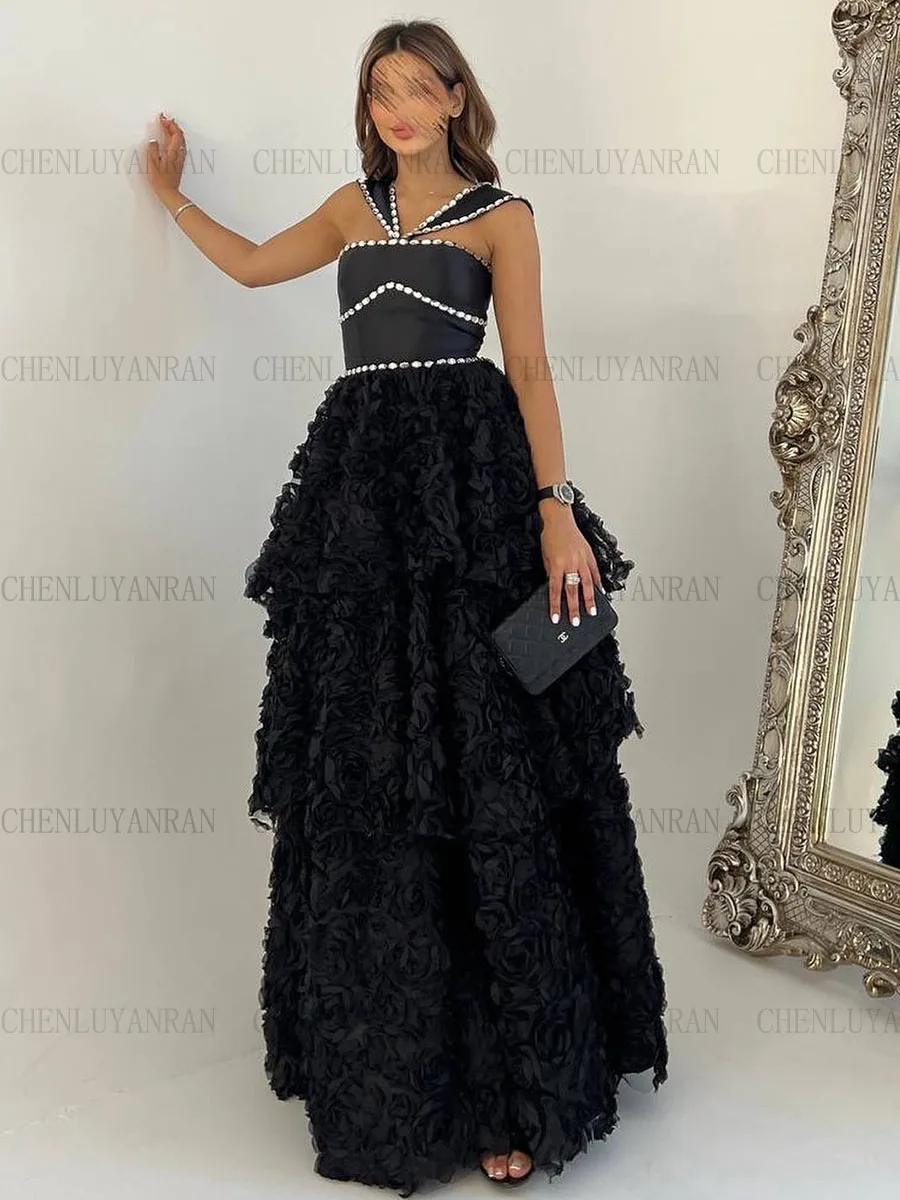 Fashion Black Formal Occasion Dresses 2023 Lace Tiered Long Party Dress Beads Crystal Elegant Evening Gowns فساتين حفلات