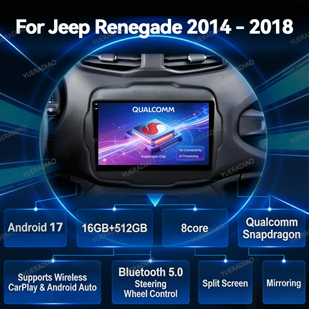 Radio para Auto Android 17 para Jeep Renegade 2016-2020, Unidad Principal Multimedia, Reproductor de Video Estéreo, 4G WIFI, GPS, Carplay Inalámbrico, Auto BT