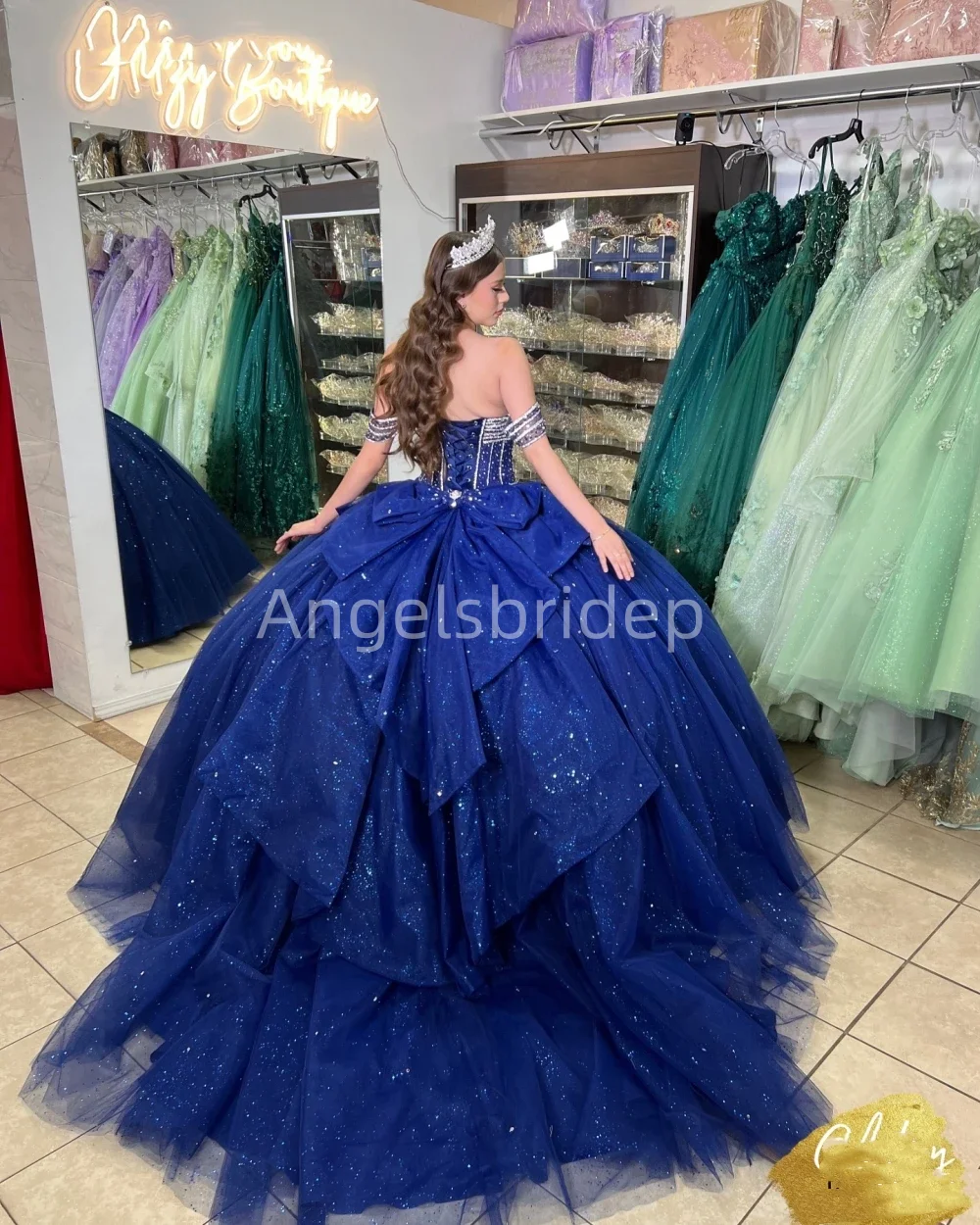 Angelsbride-Azul marinho Sparkly Tulle vestido de baile com arco, vestido nupcial mexicano, vestidos de dama de honra