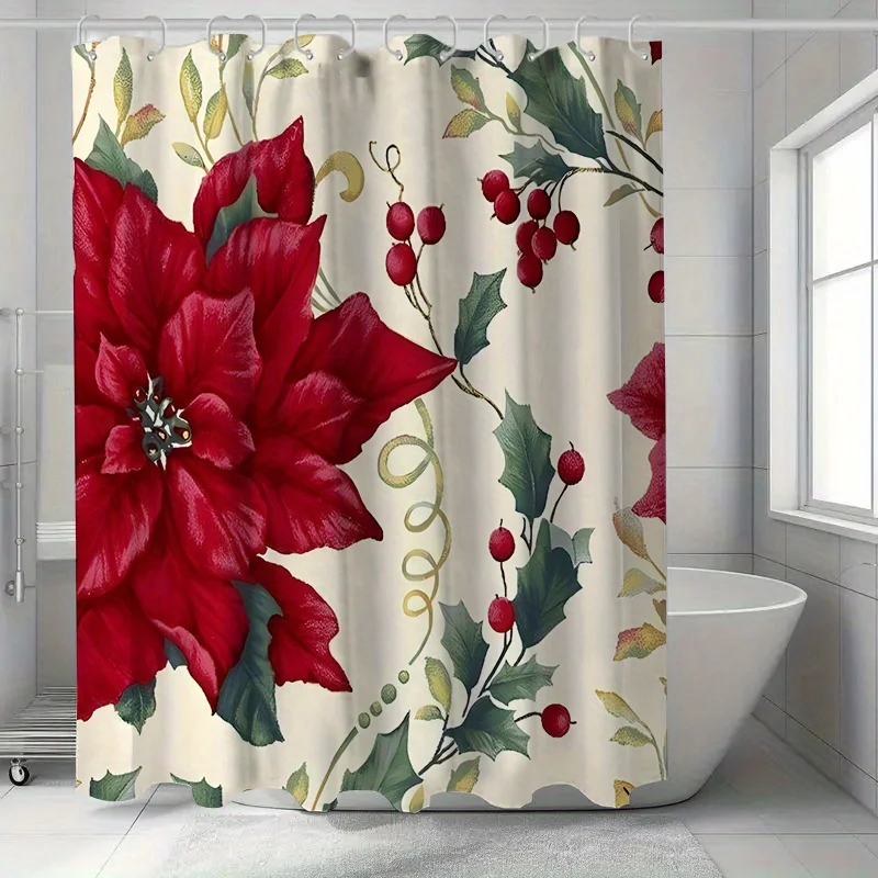 

1pc Christmas poinsettia and holly pattern shower curtain, polyester fabric, machine washable, suitable for bathroom decoration