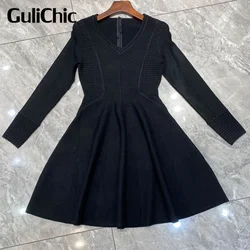 11.10 GuliChic Mini abito lavorato a maglia di alta qualità da donna Fashion Hollow Out Design scollo a v manica lunga eleganti abiti Slim Lady