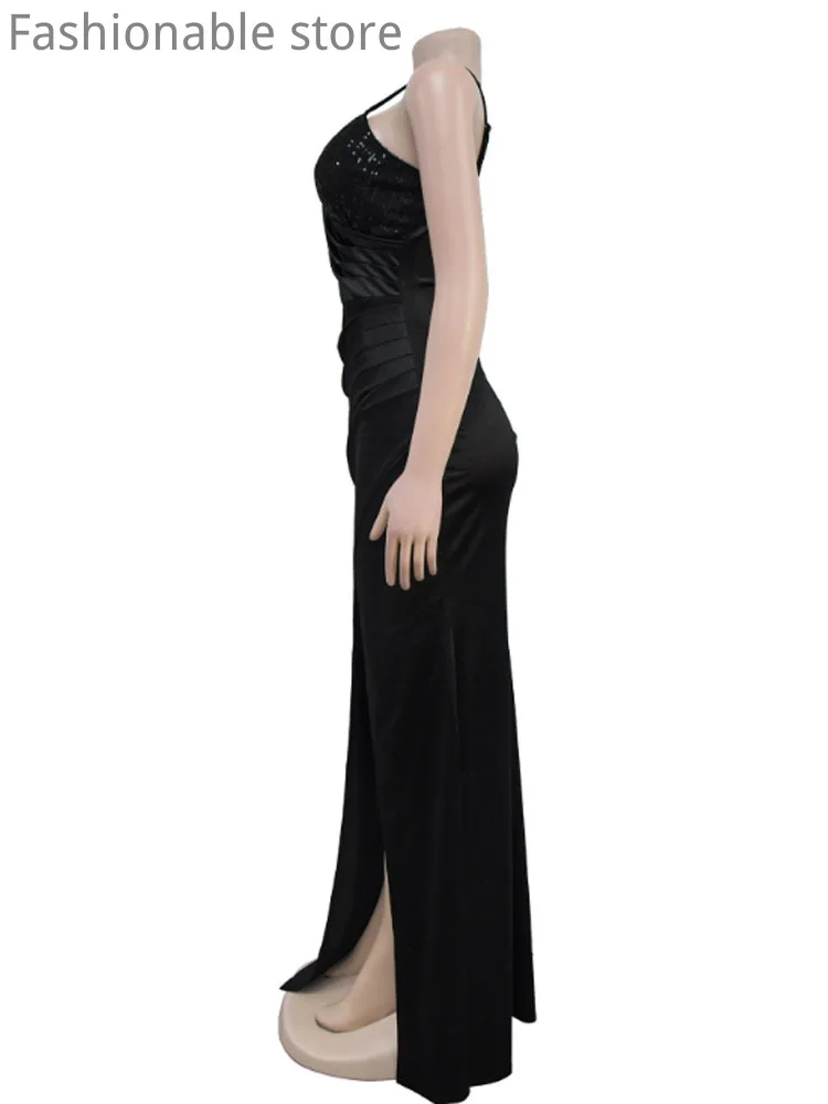 Women's Sexy Sleeveless Satin Party Dress Solid Color Deep V Neck Spaghetti Strap Sequin Decor Floor-length Dress