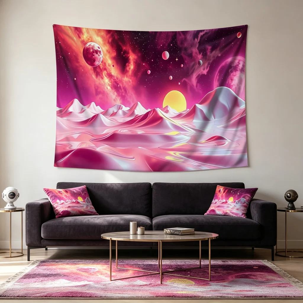 1PC Pink Planet Art Print Backdrop Banner, Bedroom Living Room Photo Background, Polyester, Home Decor, Wall Art