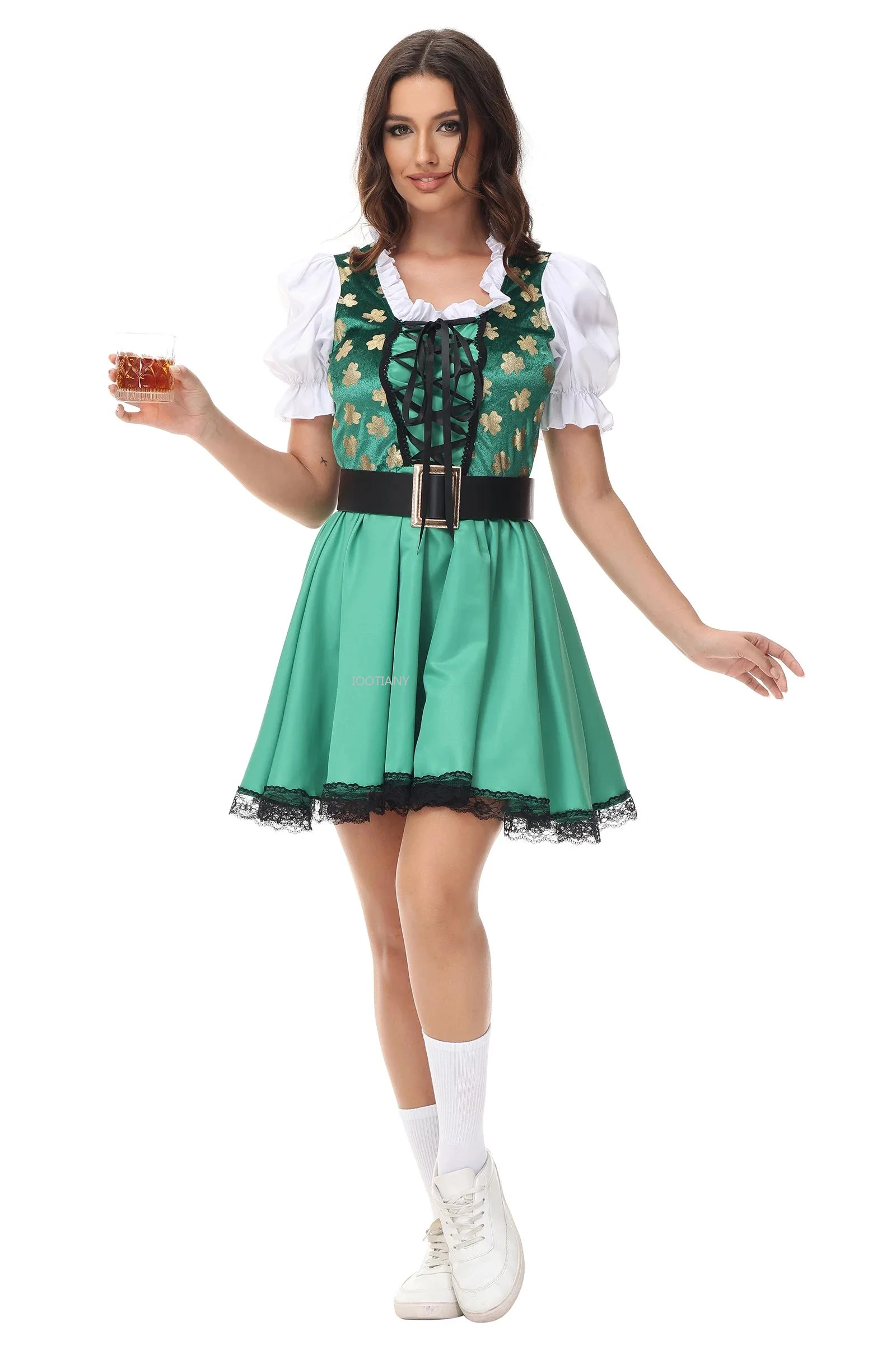 

Germany Oktoberfest Bavarian Beer Girl Maid Cosplay Dress Green Beerwear Suit Halloween Irish Lucky Clover Goblin Couple Costume