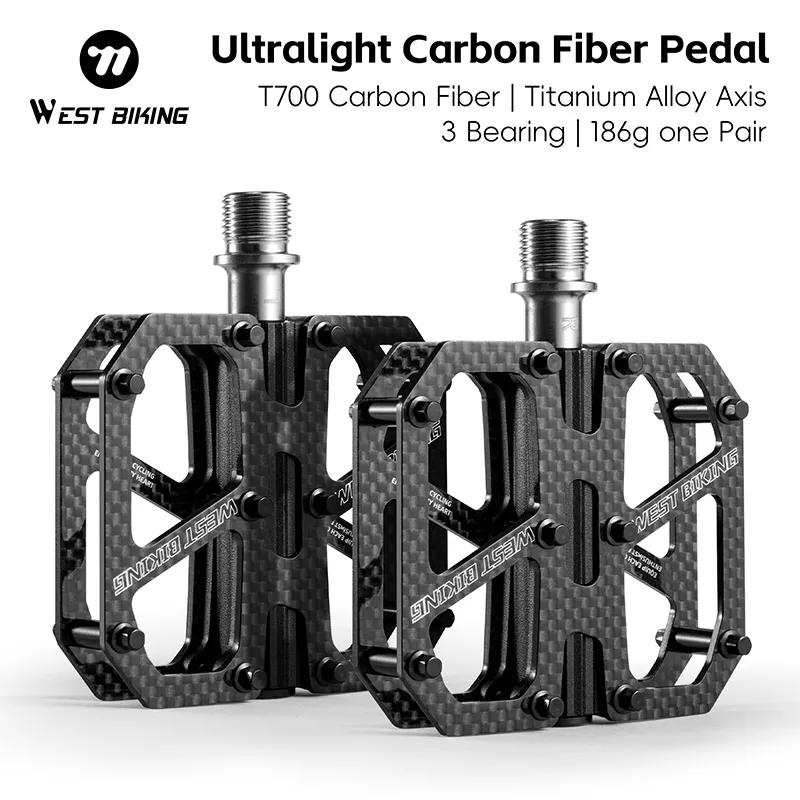 WEST BIKING Ultralight T700 Carbon Fiber Bicycle Pedals Titanium Axle 3 Bearings Pedals MTB Road Bike Lightweight Flat Pedals